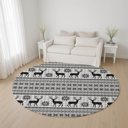 8' Silver Black And Ivory Abstract Geometric Washable Round Rug With UV Protection