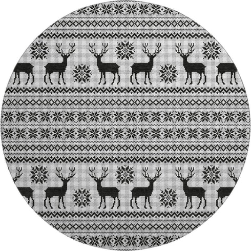 8' Silver Black And Ivory Abstract Geometric Washable Round Rug With UV Protection