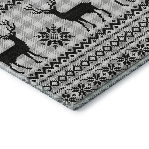 8' Silver Black And Ivory Abstract Geometric Washable Round Rug With UV Protection