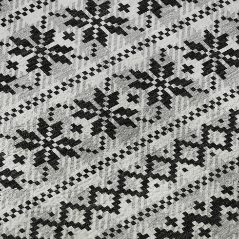 8' Silver Black And Ivory Abstract Geometric Washable Round Rug With UV Protection