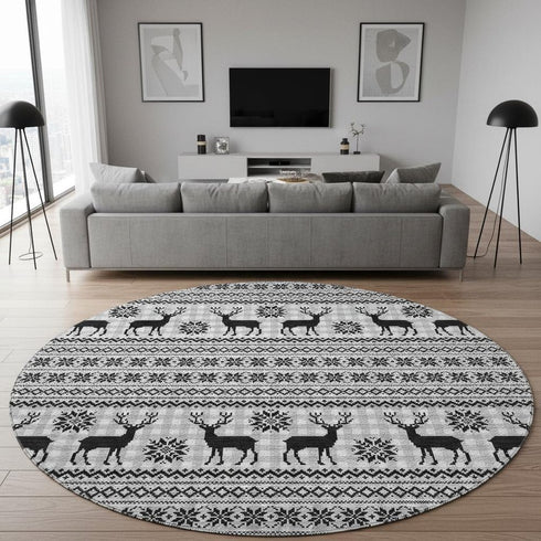 8' Silver Black And Ivory Abstract Geometric Washable Round Rug With UV Protection