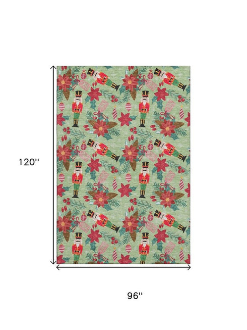 8' X 10' Artichoke Green Red And Black Abstract Geometric Washable Area Rug With UV Protection