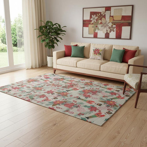 5' X 8' Beige Red And Black Abstract Geometric Washable Area Rug With UV Protection
