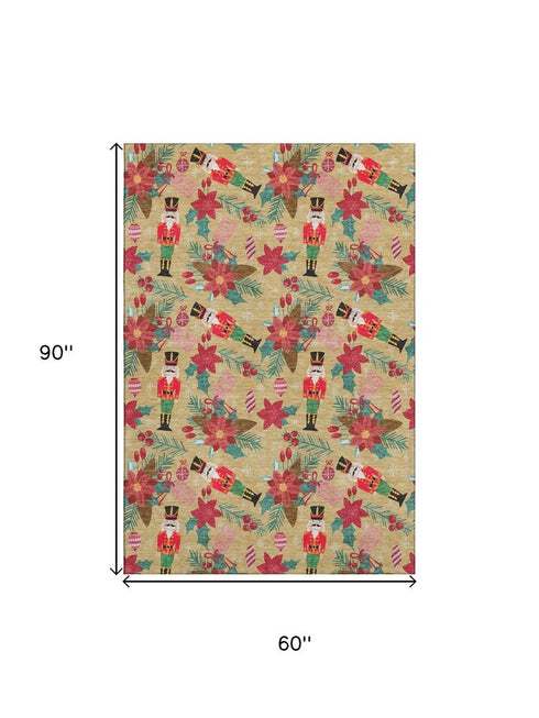 5' X 8' Gold Red And Black Abstract Geometric Washable Area Rug With UV Protection