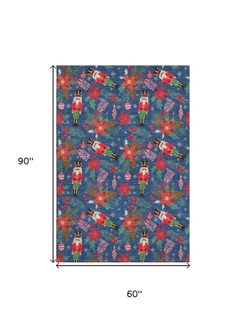 5' X 8' Navy Blue Red And Black Abstract Geometric Washable Area Rug With UV Protection