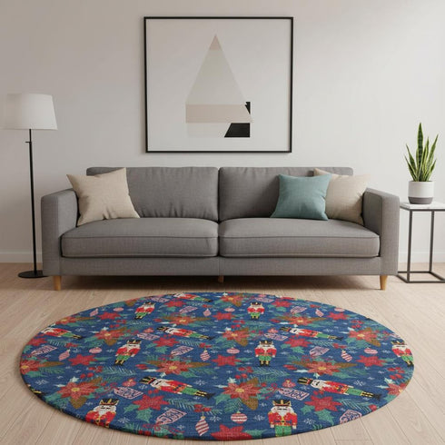 8' Navy Blue Red And Black Abstract Geometric Washable Round Rug With UV Protection