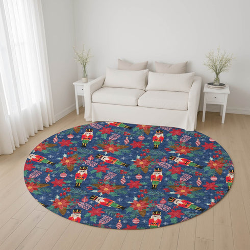 8' Navy Blue Red And Black Abstract Geometric Washable Round Rug With UV Protection