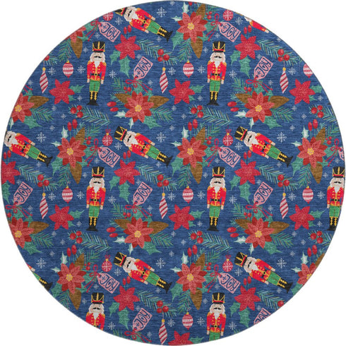 8' Navy Blue Red And Black Abstract Geometric Washable Round Rug With UV Protection