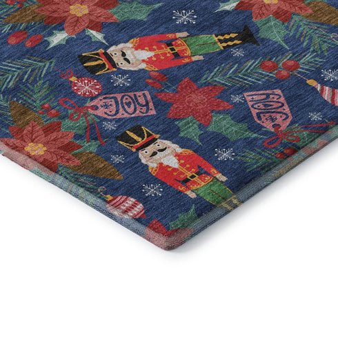 8' Navy Blue Red And Black Abstract Geometric Washable Round Rug With UV Protection
