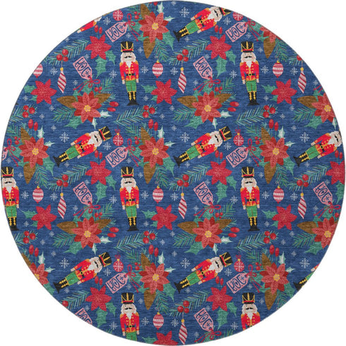 8' Navy Blue Red And Black Abstract Geometric Washable Round Rug With UV Protection