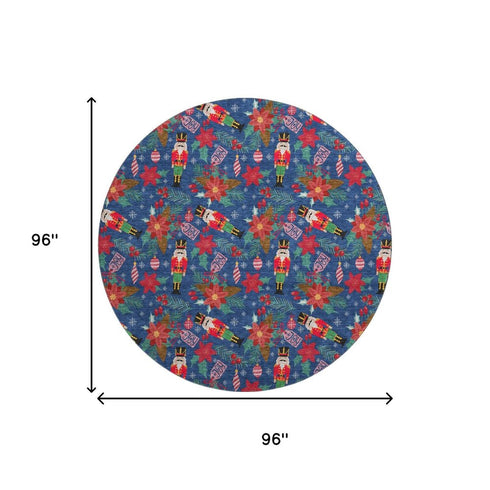 8' Navy Blue Red And Black Abstract Geometric Washable Round Rug With UV Protection
