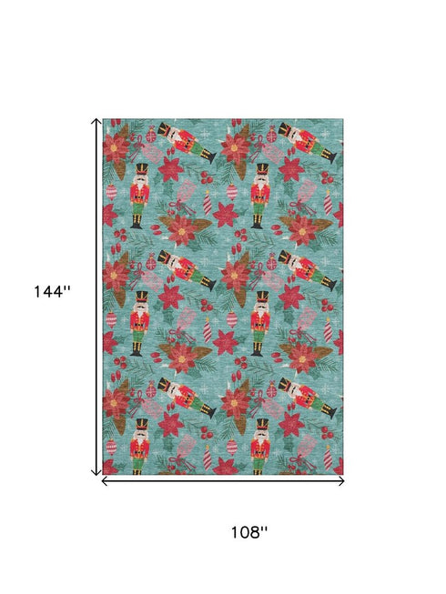 9' X 12' Teal Red And Black Abstract Geometric Washable Area Rug With UV Protection