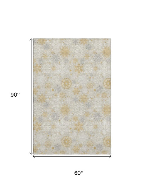 5' X 8' Beige Gold And Gray Abstract Geometric Washable Area Rug With UV Protection
