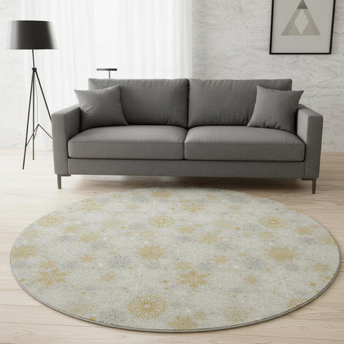 8' Beige Gold And Gray Abstract Geometric Washable Round Rug With UV Protection
