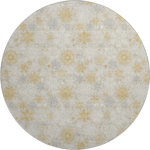 8' Beige Gold And Gray Abstract Geometric Washable Round Rug With UV Protection