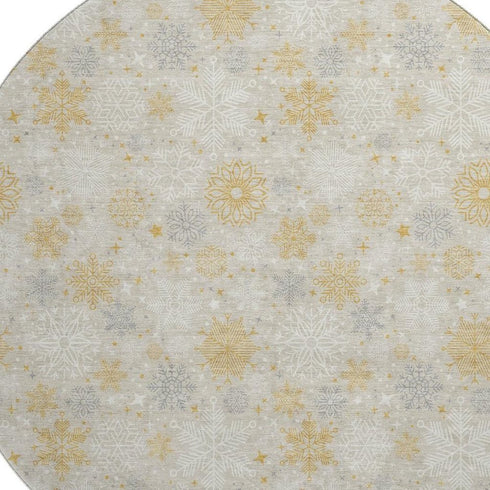 8' Beige Gold And Gray Abstract Geometric Washable Round Rug With UV Protection