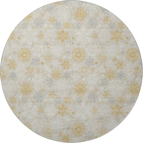 8' Beige Gold And Gray Abstract Geometric Washable Round Rug With UV Protection