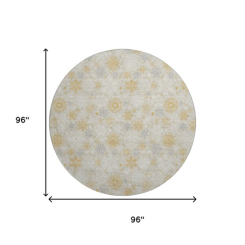 8' Beige Gold And Gray Abstract Geometric Washable Round Rug With UV Protection
