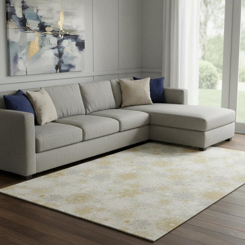 8' X 10' Beige Gold And Gray Abstract Geometric Washable Area Rug With UV Protection