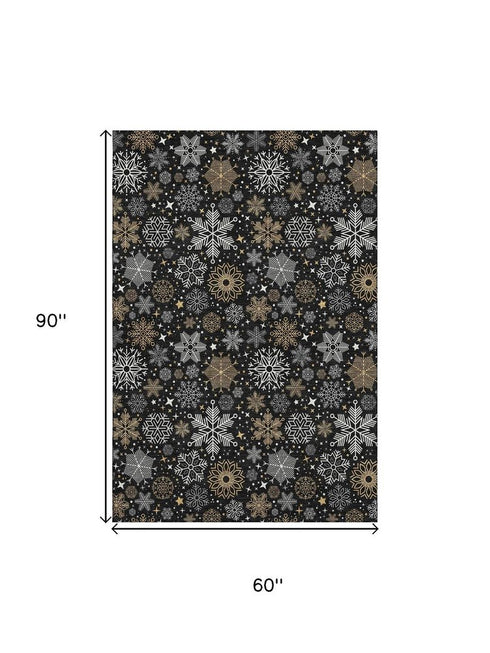 5' X 8' Black Gold And Ivory Abstract Geometric Washable Area Rug With UV Protection