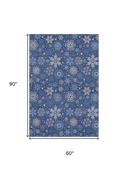 5' X 8' Navy Blue And Ivory Abstract Geometric Washable Area Rug With UV Protection