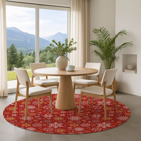8' Red Gold And Ivory Abstract Geometric Washable Round Rug With UV Protection