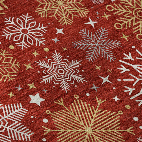 8' Red Gold And Ivory Abstract Geometric Washable Round Rug With UV Protection