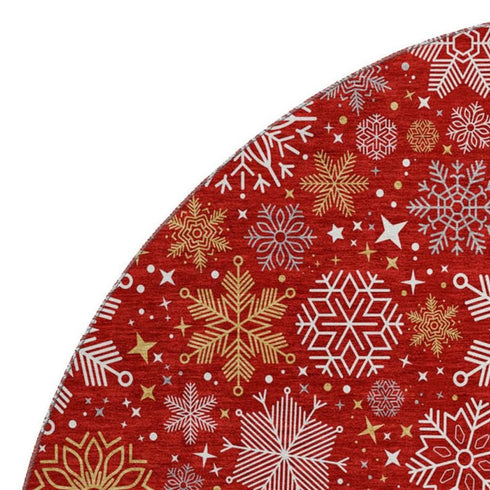 8' Red Gold And Ivory Abstract Geometric Washable Round Rug With UV Protection