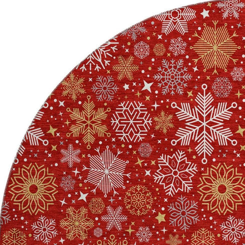 8' Red Gold And Ivory Abstract Geometric Washable Round Rug With UV Protection