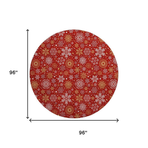 8' Red Gold And Ivory Abstract Geometric Washable Round Rug With UV Protection
