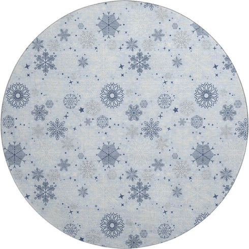 8' Sky Blue And Ivory Abstract Geometric Washable Round Rug With UV Protection