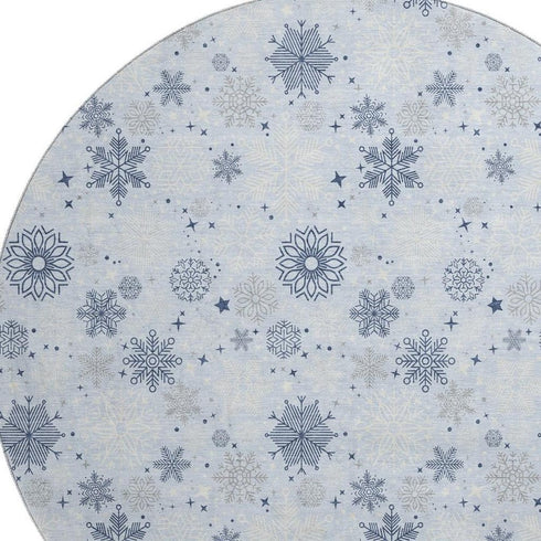 8' Sky Blue And Ivory Abstract Geometric Washable Round Rug With UV Protection