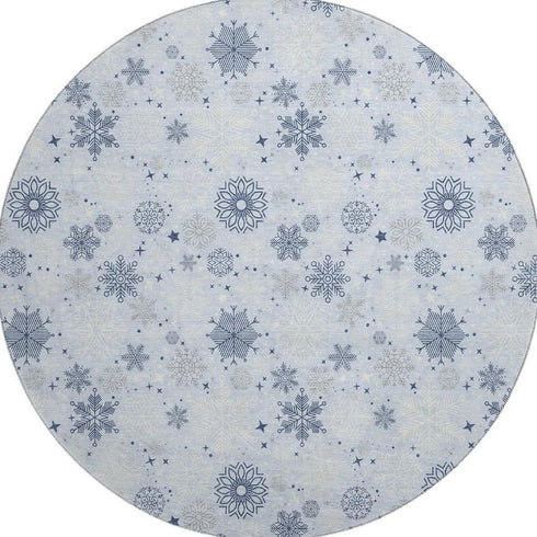 8' Sky Blue And Ivory Abstract Geometric Washable Round Rug With UV Protection