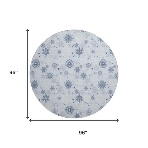 8' Sky Blue And Ivory Abstract Geometric Washable Round Rug With UV Protection