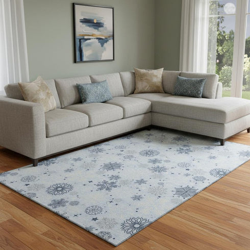8' X 10' Sky Blue And Ivory Abstract Geometric Washable Area Rug With UV Protection