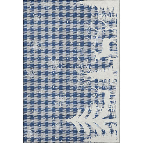 5' X 8' Blue Ivory And Gray Gingham Washable Area Rug With UV Protection