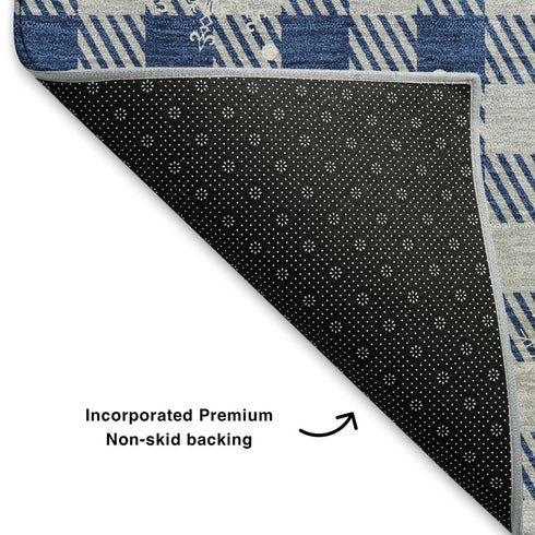 5' X 8' Blue Ivory And Gray Gingham Washable Area Rug With UV Protection
