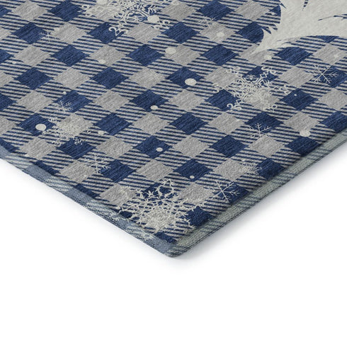 5' X 8' Blue Ivory And Gray Gingham Washable Area Rug With UV Protection