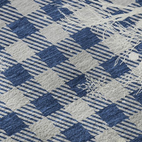 5' X 8' Blue Ivory And Gray Gingham Washable Area Rug With UV Protection