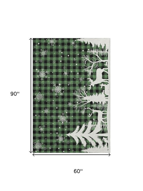 5' X 8' Green Black And Ivory Gingham Washable Area Rug With UV Protection