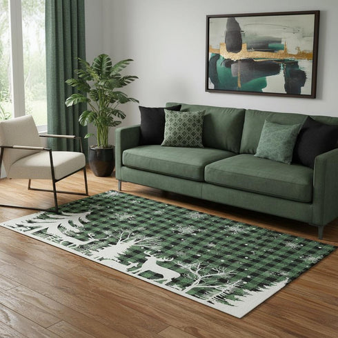 5' X 8' Green Black And Ivory Gingham Washable Area Rug With UV Protection