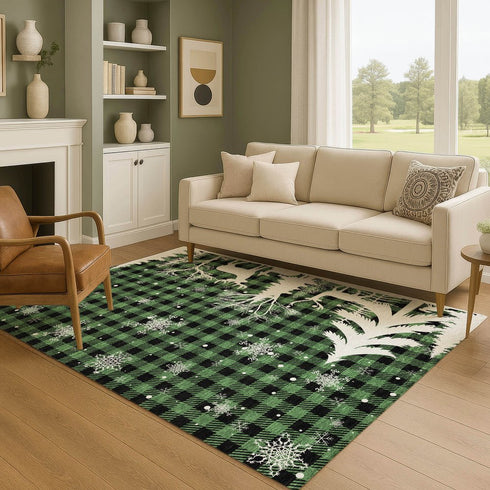 8' X 10' Green Black And Ivory Gingham Washable Area Rug With UV Protection