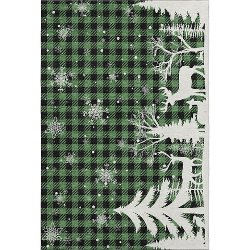 8' X 10' Green Black And Ivory Gingham Washable Area Rug With UV Protection