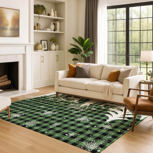 8' X 10' Green Black And Ivory Gingham Washable Area Rug With UV Protection
