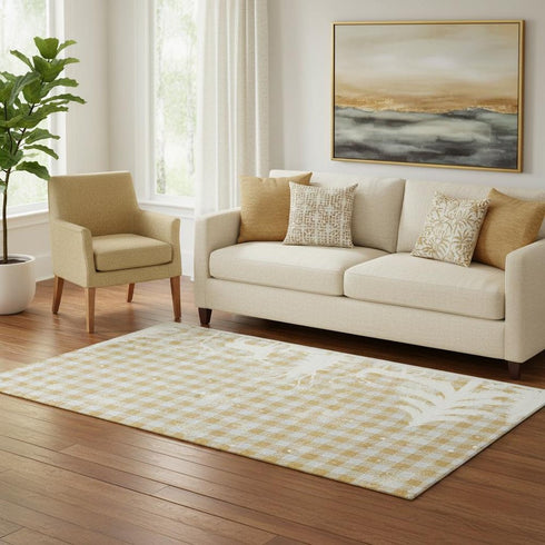 5' X 8' Gold Gray And Ivory Gingham Washable Area Rug With UV Protection