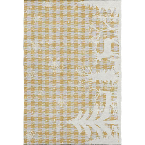 5' X 8' Gold Gray And Ivory Gingham Washable Area Rug With UV Protection