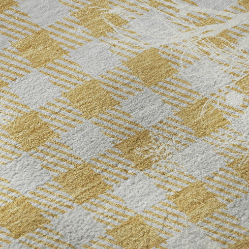 5' X 8' Gold Gray And Ivory Gingham Washable Area Rug With UV Protection
