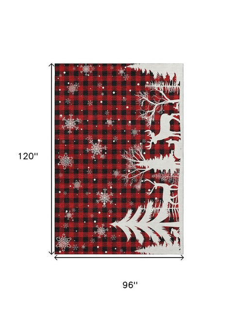 8' X 10' Red Black And Ivory Gingham Washable Area Rug With UV Protection