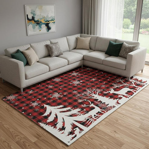 8' X 10' Red Black And Ivory Gingham Washable Area Rug With UV Protection