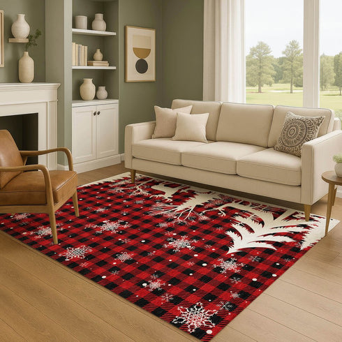 8' X 10' Red Black And Ivory Gingham Washable Area Rug With UV Protection